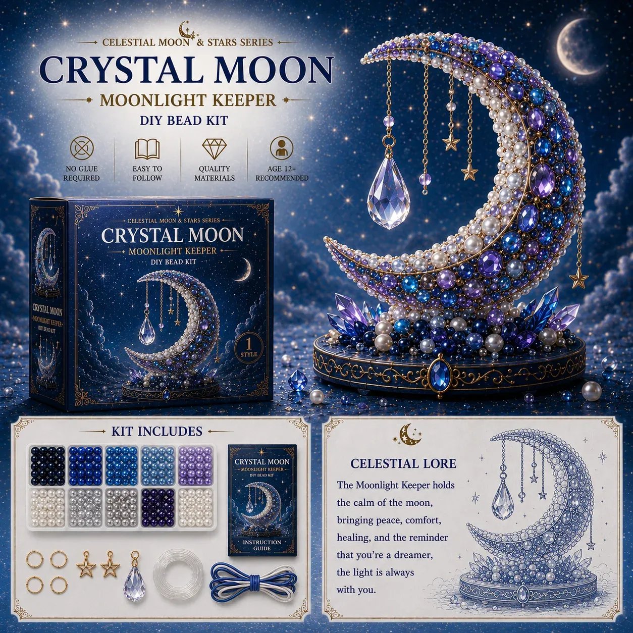 🔥Last Day: BUY 3 GET 1 FREE🌙 Moon Cat Luna Guardian DIY Bead Kit | Celestial Moon & Stars Series