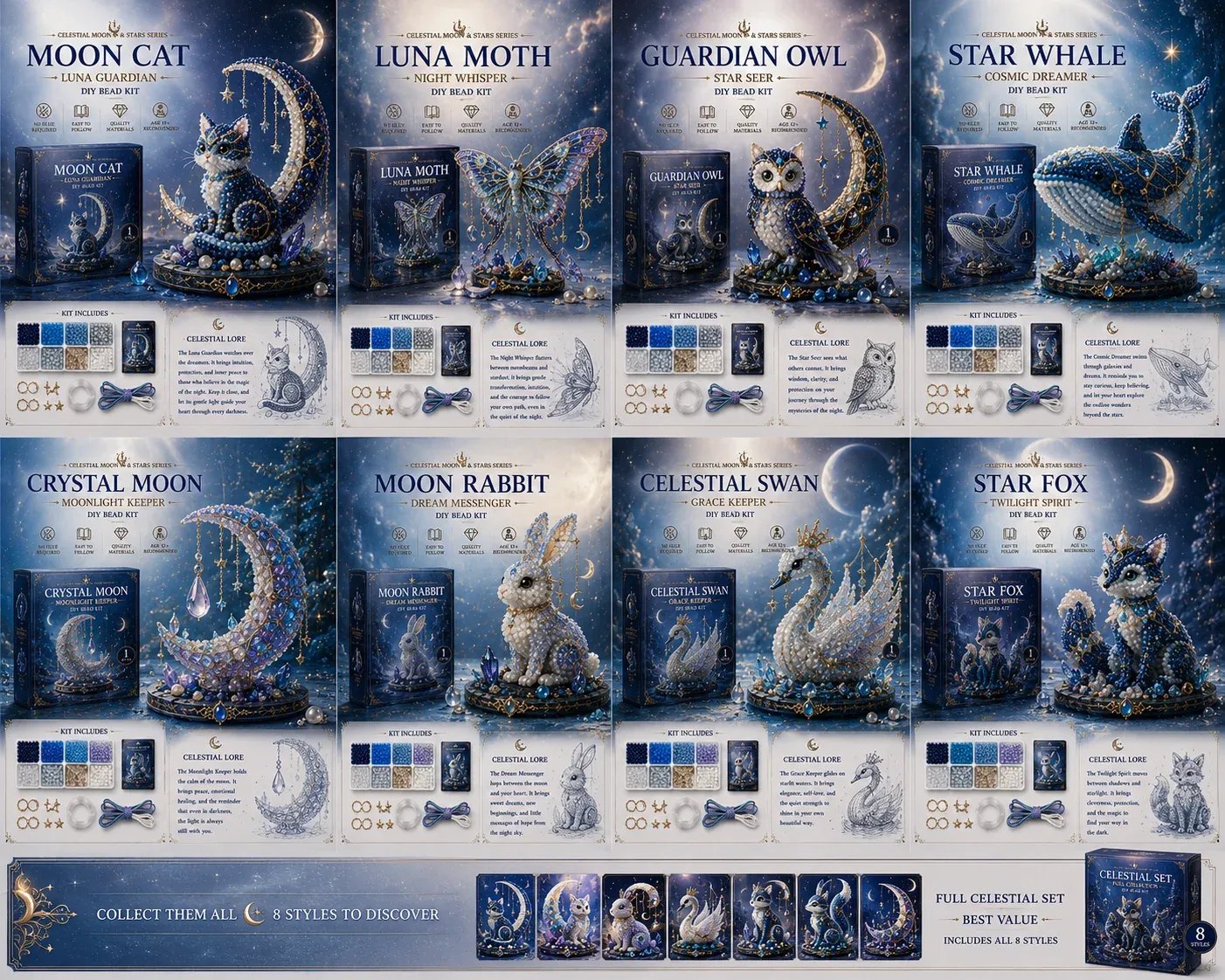 🔥Last Day: BUY 3 GET 1 FREE🌙 Moon Cat Luna Guardian DIY Bead Kit | Celestial Moon & Stars Series