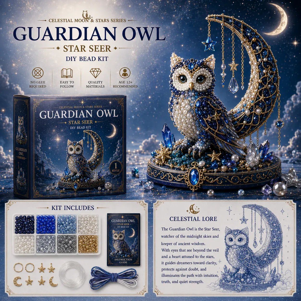 🔥Last Day: BUY 3 GET 1 FREE🌙 Moon Cat Luna Guardian DIY Bead Kit | Celestial Moon & Stars Series