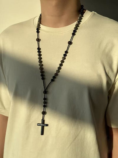 ✝️Natural Obsidian Yooperlite RosaryNecklace, UV Reactive EnergyProtection Healing Crystal