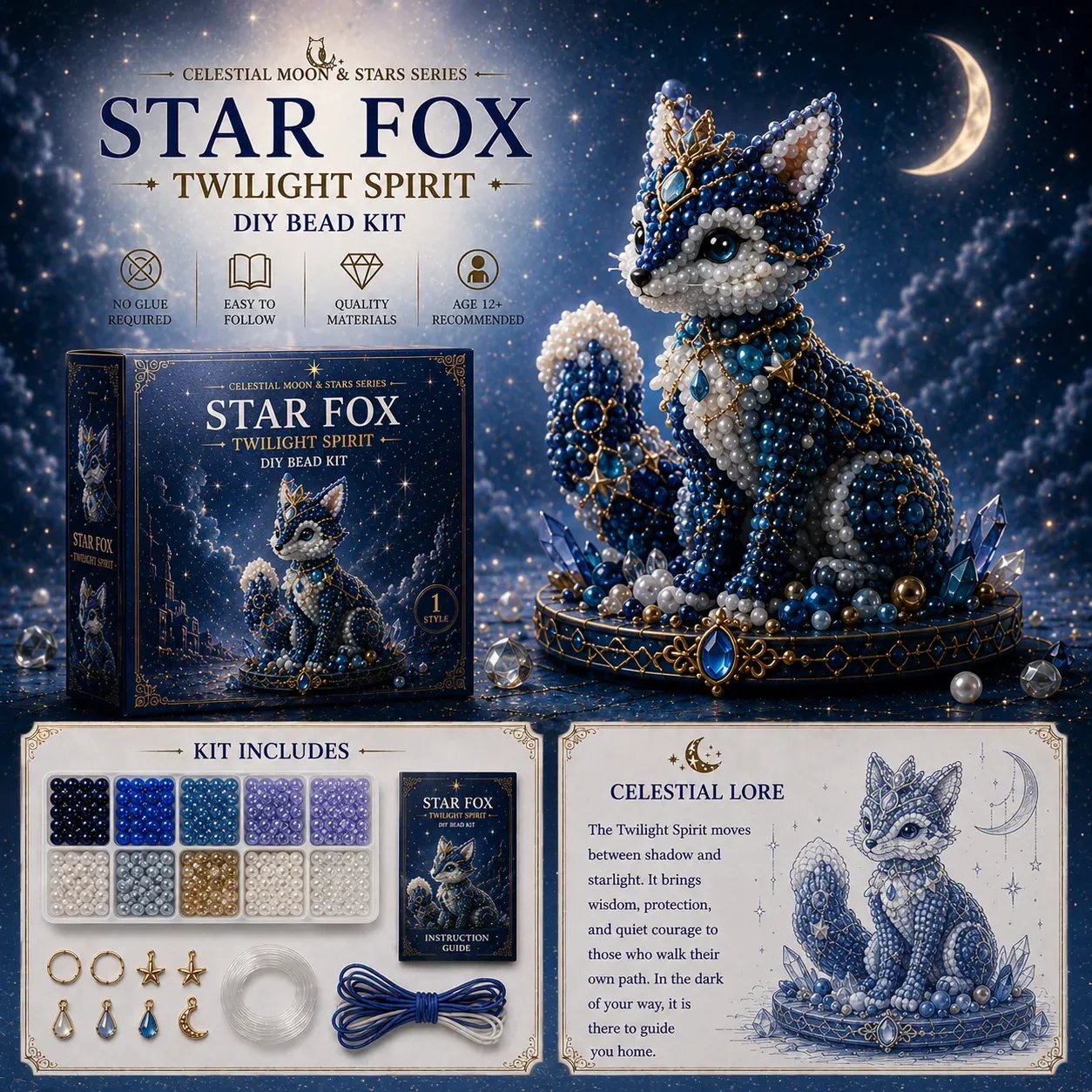 🔥Last Day: BUY 3 GET 1 FREE🌙 Moon Cat Luna Guardian DIY Bead Kit | Celestial Moon & Stars Series