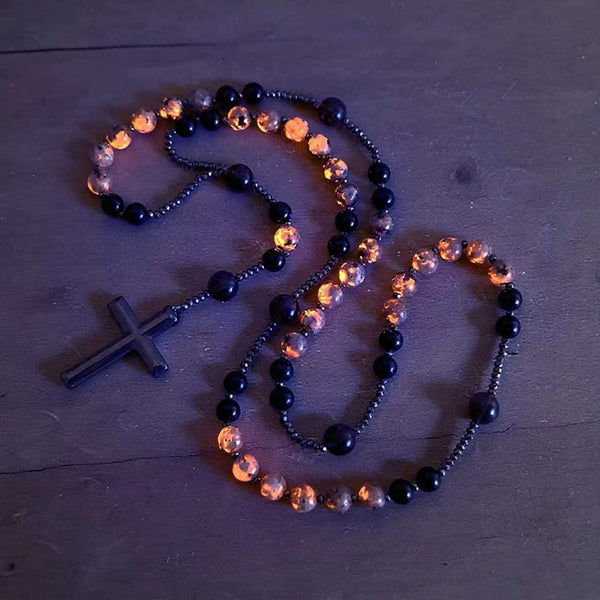 ✝️Natural Obsidian Yooperlite RosaryNecklace, UV Reactive EnergyProtection Healing Crystal