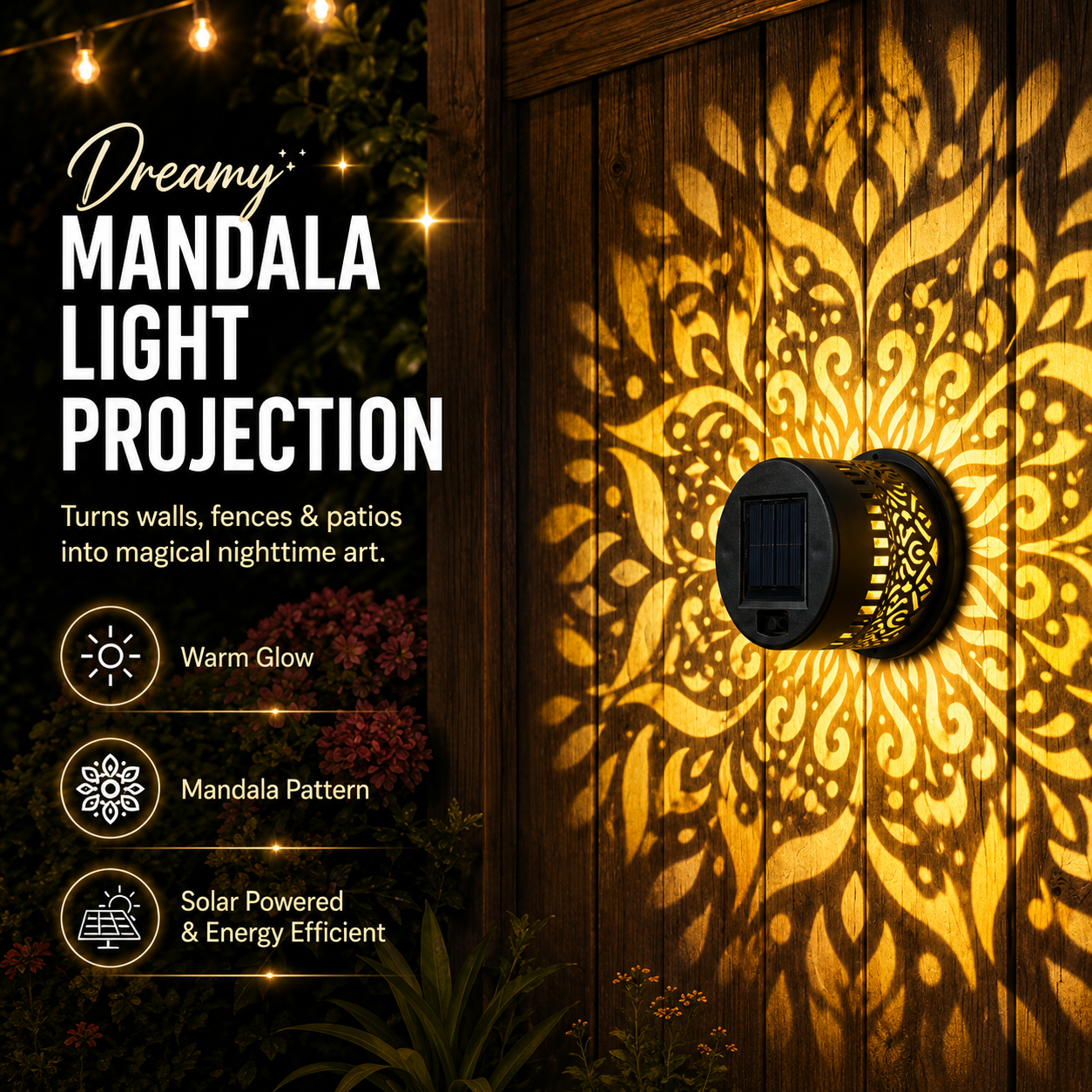 65K+ Sold! 🪐 Mandala Solar Projection Light | Garden Fence Wall Lamp 🌌