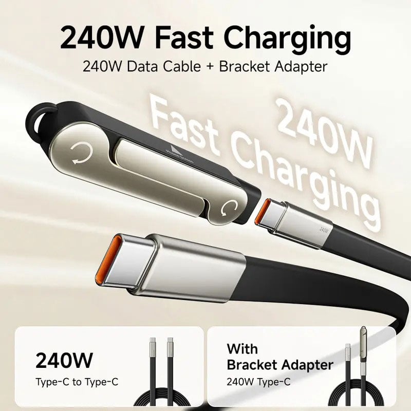 240W Super Fast Charging 360° Rotating Invisible Stand Detachable Two-in-One Charging Cable, Zinc Alloy Silicone Type-C Cable compatible with Apple and Samsung, essential for gaming, office, and car use | Bestselling cutting-edge technology.