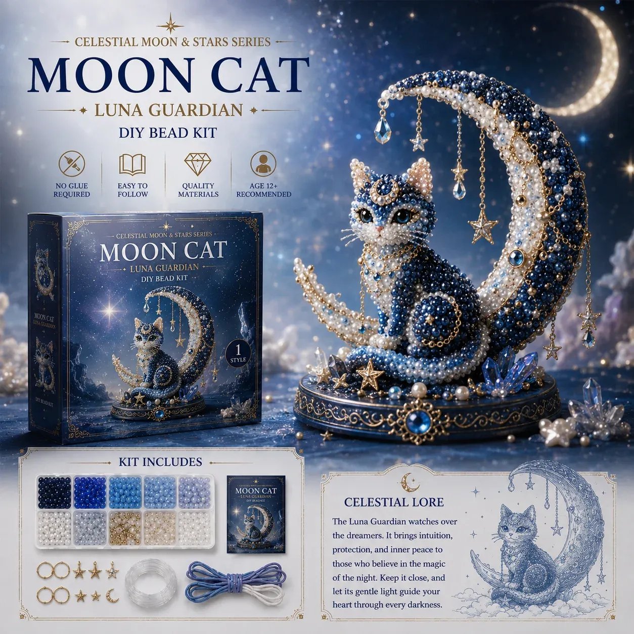 🔥Last Day: BUY 3 GET 1 FREE🌙 Moon Cat Luna Guardian DIY Bead Kit | Celestial Moon & Stars Series