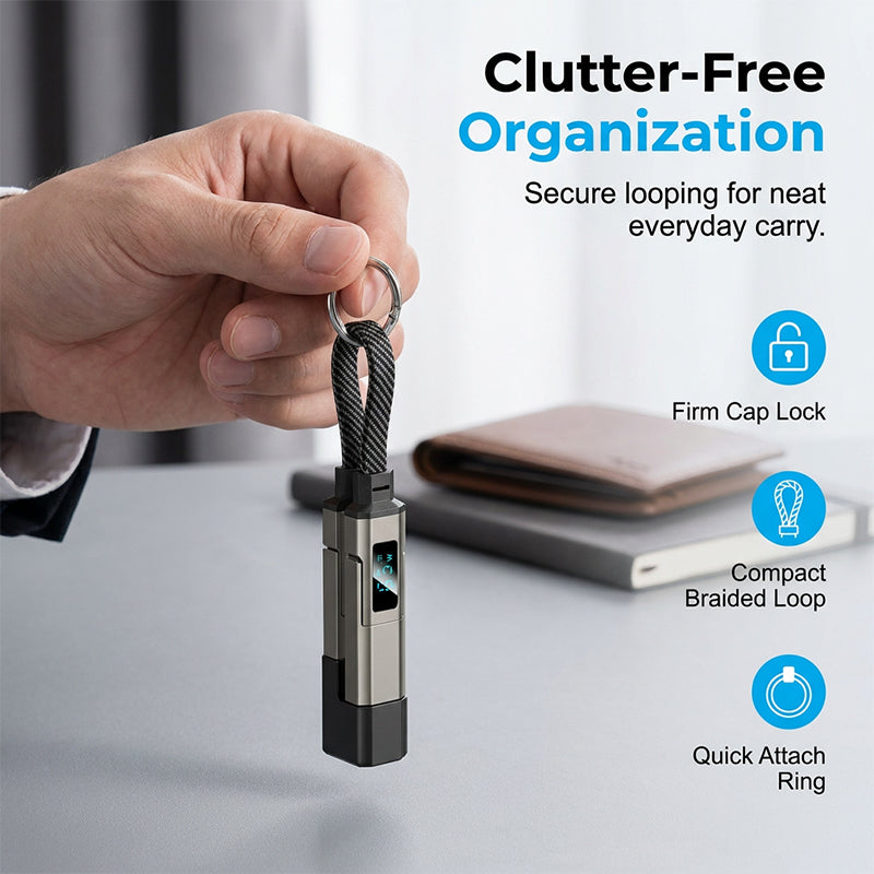 🔌 4-in-1 Charging Cable with Digital Display & Keychain – Fast-Charging, Kink-Resistant & Compact